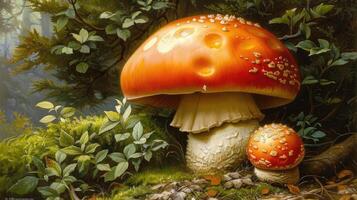 A painting of a mushroom with two children photo