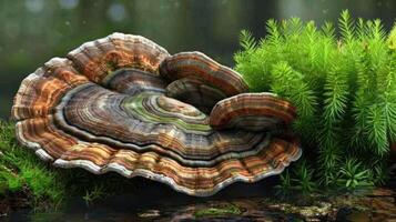 A large mushroom sitting on the ground in the forest photo