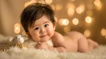 A baby laying on a blanket with a toy photo