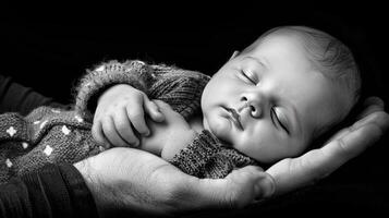 A black and white photo of a baby sleeping in a man's hands