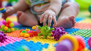 A baby playing with toys on a colorful floor photo
