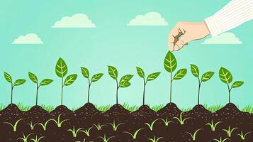 A hand is pointing to a plant growing in the soil photo