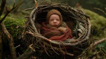 A baby in a nest in the woods photo