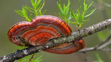 A red and black mushroom on a branch photo
