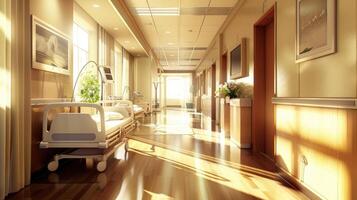 A hospital hallway with a bed and a chair photo