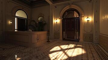 A room with a large mirror and a large door photo