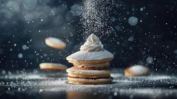 A stack of pancakes with whipped cream on top photo