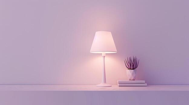 A lamp and books on a table in front of a wall photo
