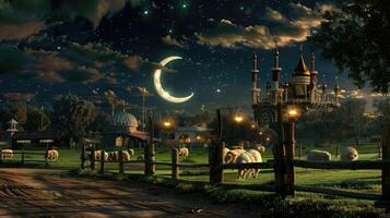 A farm with sheep and a moon in the sky photo