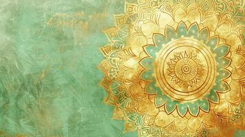 Golden mandala on green background photo