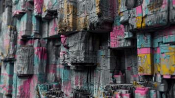 A wall made of colorful bricks with graffiti on it photo