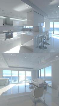 A large white room with a large window and a large kitchen photo