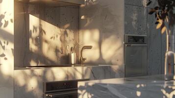 A kitchen with marble counter tops and a sink photo