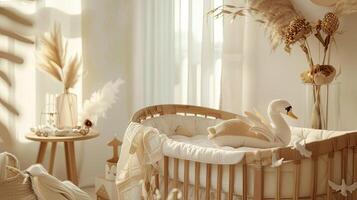 A baby's room with a white crib, a white swan and a wooden table photo