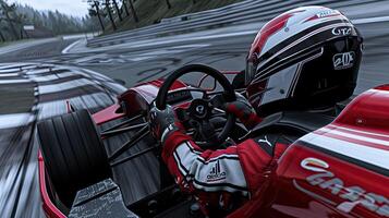 A racing car is driving down a track photo