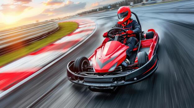 A man in a red helmet driving a go kart photo