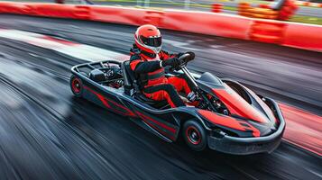 A man in a red and black racing suit is driving a go kart photo
