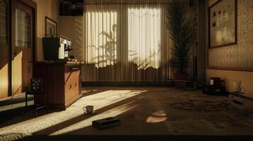 A room with a couch, a table and a window photo