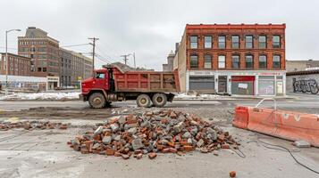 A dump truck is parked in front of a pile of bricks photo