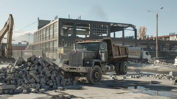 A dump truck is driving through a construction site photo