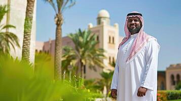 A man in a traditional arabic outfit stands in front of a building photo