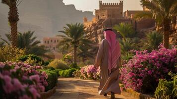 Arab man walking through the garden of the desert photo
