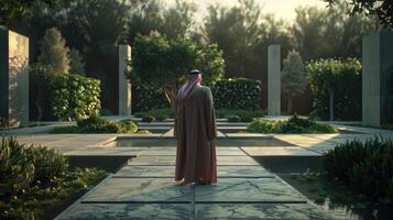 A man in a traditional arabic outfit stands in a garden photo