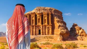 Arab man in traditional dress in front of the ancient city of petra, jordan photo