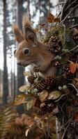 A squirrel is sitting in a tree with pine cones photo