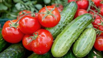 Tomatoes, cucumbers and green peppers are displayed in a basket photo