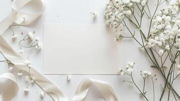 White flowers and ribbon on a white background photo