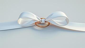 A white ribbon with two gold rings tied to it photo