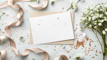 White flowers and ribbons on a white background photo
