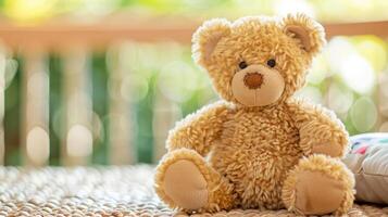 A teddy bear sits on a bed with a pillow photo