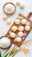 Rice balls and flour on a cutting board photo
