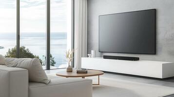 A modern living room with a large tv and a couch photo