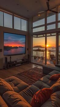 A living room with a large screen television and a view of the sunset photo