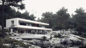 A modern house in the woods by the water photo