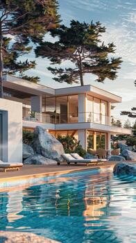 A modern house with a pool and a large rock photo