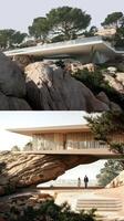 Two images of a house on a rock photo