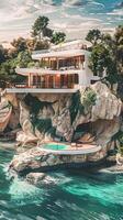 A house on a rock in the ocean photo