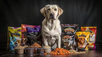 A dog sitting in front of a bunch of dog food photo