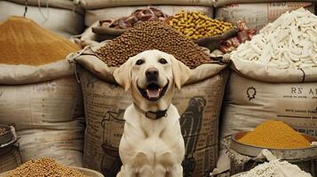 A dog sitting in front of bags of food photo