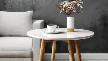 A white side table with a vase of flowers on it photo