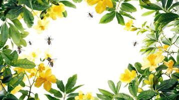 A frame with yellow flowers and bees photo