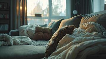 A couch with blankets and pillows photo