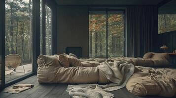 A bedroom with a bed and a chair in front of a window photo