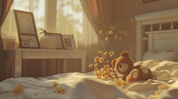 A teddy bear sits on a bed with flowers photo