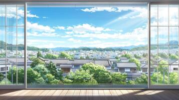 An anime window view of a city with trees and mountains photo