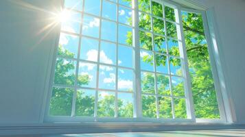 A window with a view of trees and the sun photo